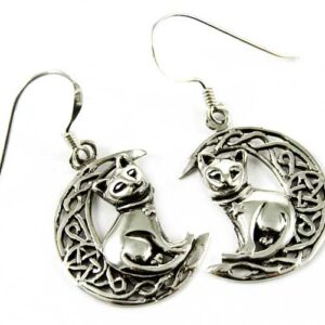 Silver Earring Cat On Moon